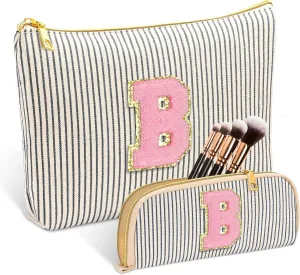 Personalized Initial Cute Pink Cosmetic Bag for Women, Graduation Gifts Makeup Pouch Organizer Bag for Girls 10-14, Travel Toiletry Bag for Her Mom Girlfriend Wife Teacher Birthday Gifts, Black B