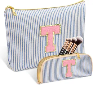 Personalized Initial Cute Pink Cosmetic Bag for Women, Graduation Gifts Makeup Pouch Organizer Bag for Girls 10-14, Travel Toiletry Bag for Her Mom Girlfriend Wife Teacher Birthday Gifts, Blue L