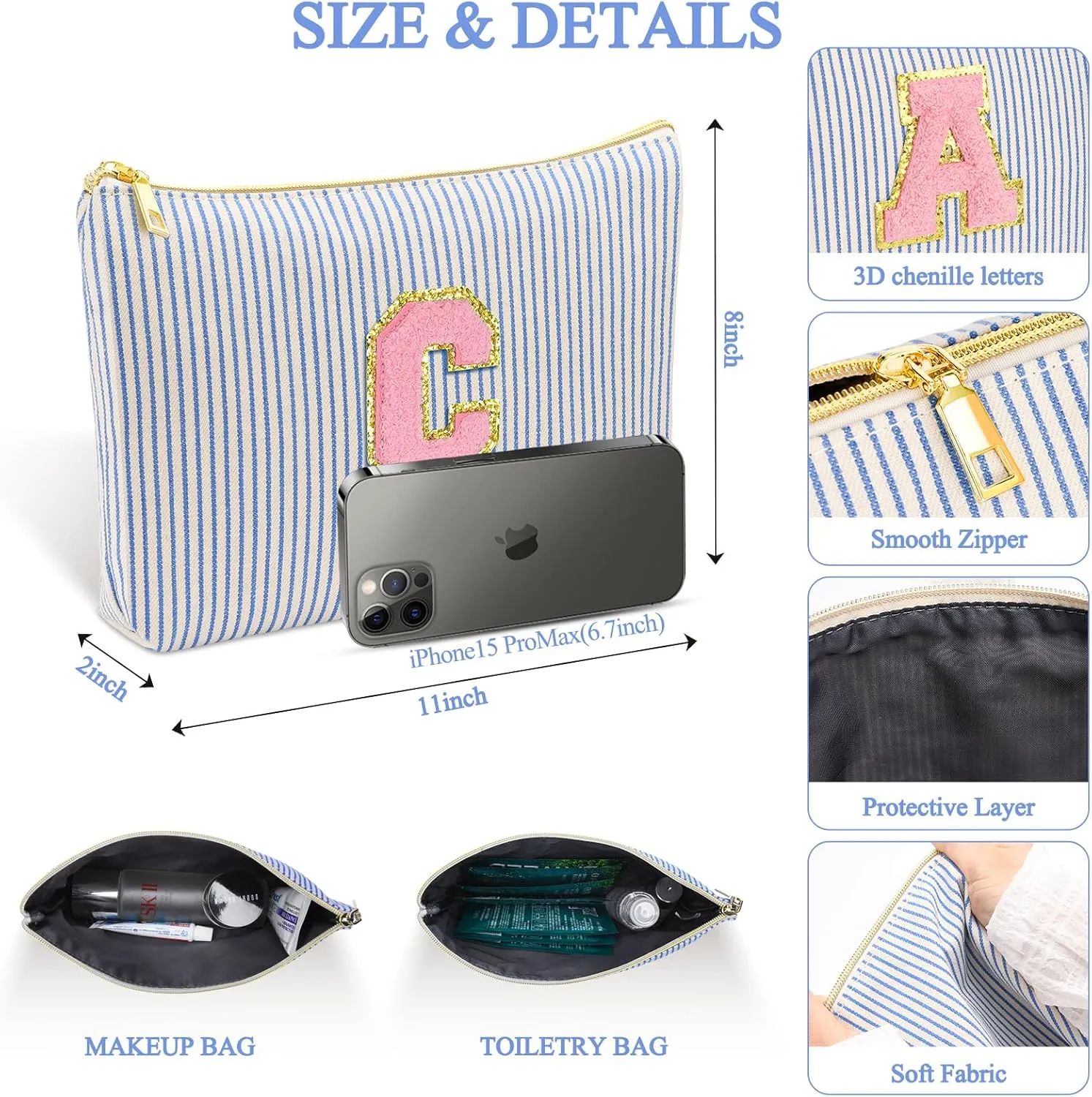 Personalized Initial Cute Pink Cosmetic Bag for Women, Graduation Gifts Makeup Pouch Organizer Bag for Girls 10-14, Travel Toiletry Bag for Her Mom Girlfriend Wife Teacher Birthday Gifts, Blue L