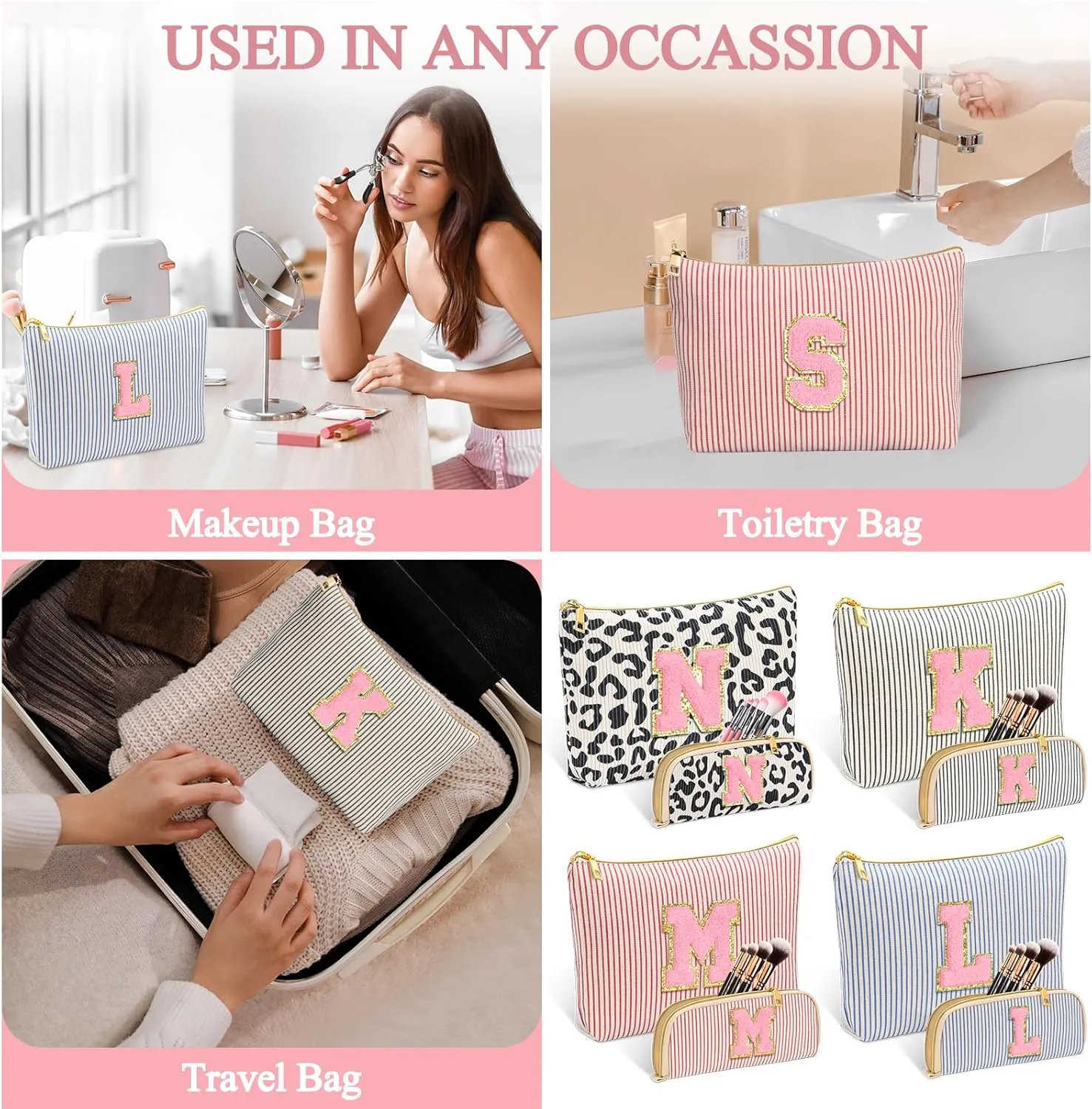 Personalized Initial Cute Pink Cosmetic Bag for Women, Graduation Gifts Makeup Pouch Organizer Bag for Girls 10-14, Travel Toiletry Bag for Her Mom Girlfriend Wife Teacher Birthday Gifts, Leopard A