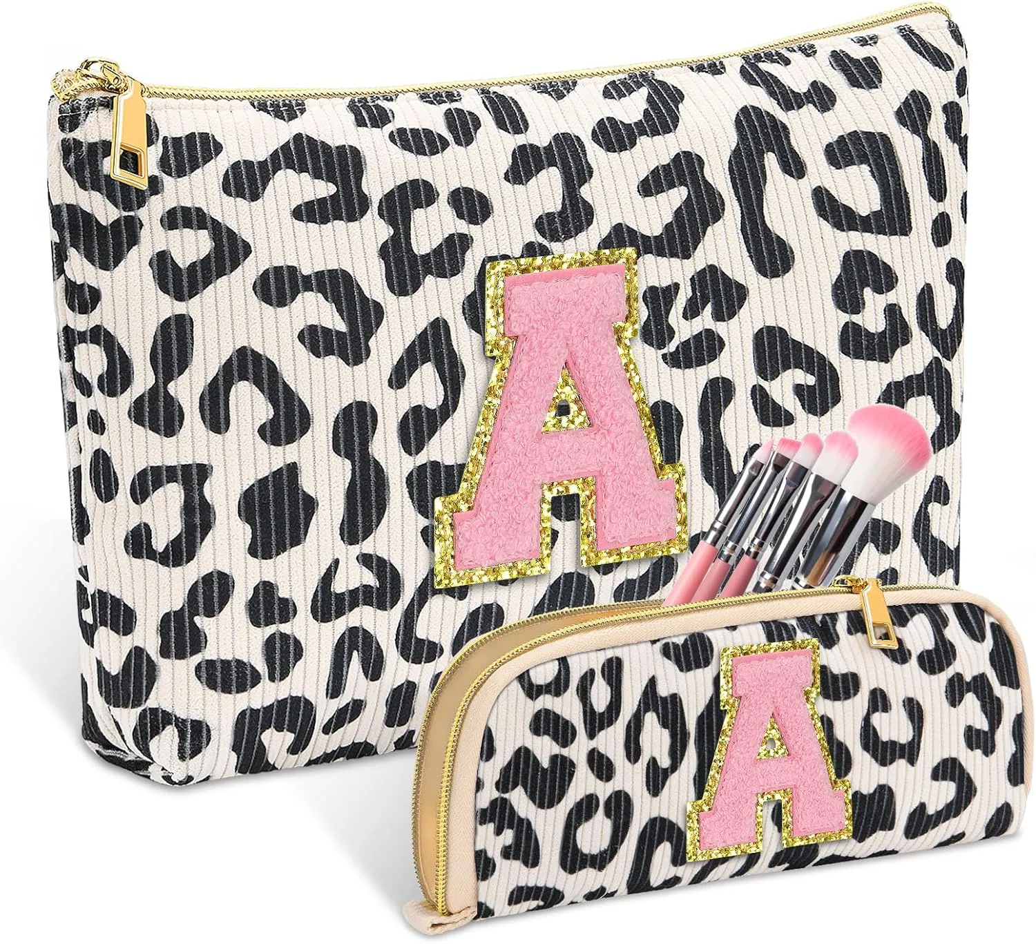 Personalized Initial Cute Pink Cosmetic Bag for Women, Graduation Gifts Makeup Pouch Organizer Bag for Girls 10-14, Travel Toiletry Bag for Her Mom Girlfriend Wife Teacher Birthday Gifts, Leopard A