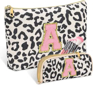 Personalized Initial Cute Pink Cosmetic Bag for Women, Graduation Gifts Makeup Pouch Organizer Bag for Girls 10-14, Travel Toiletry Bag for Her Mom Girlfriend Wife Teacher Birthday Gifts, Leopard A