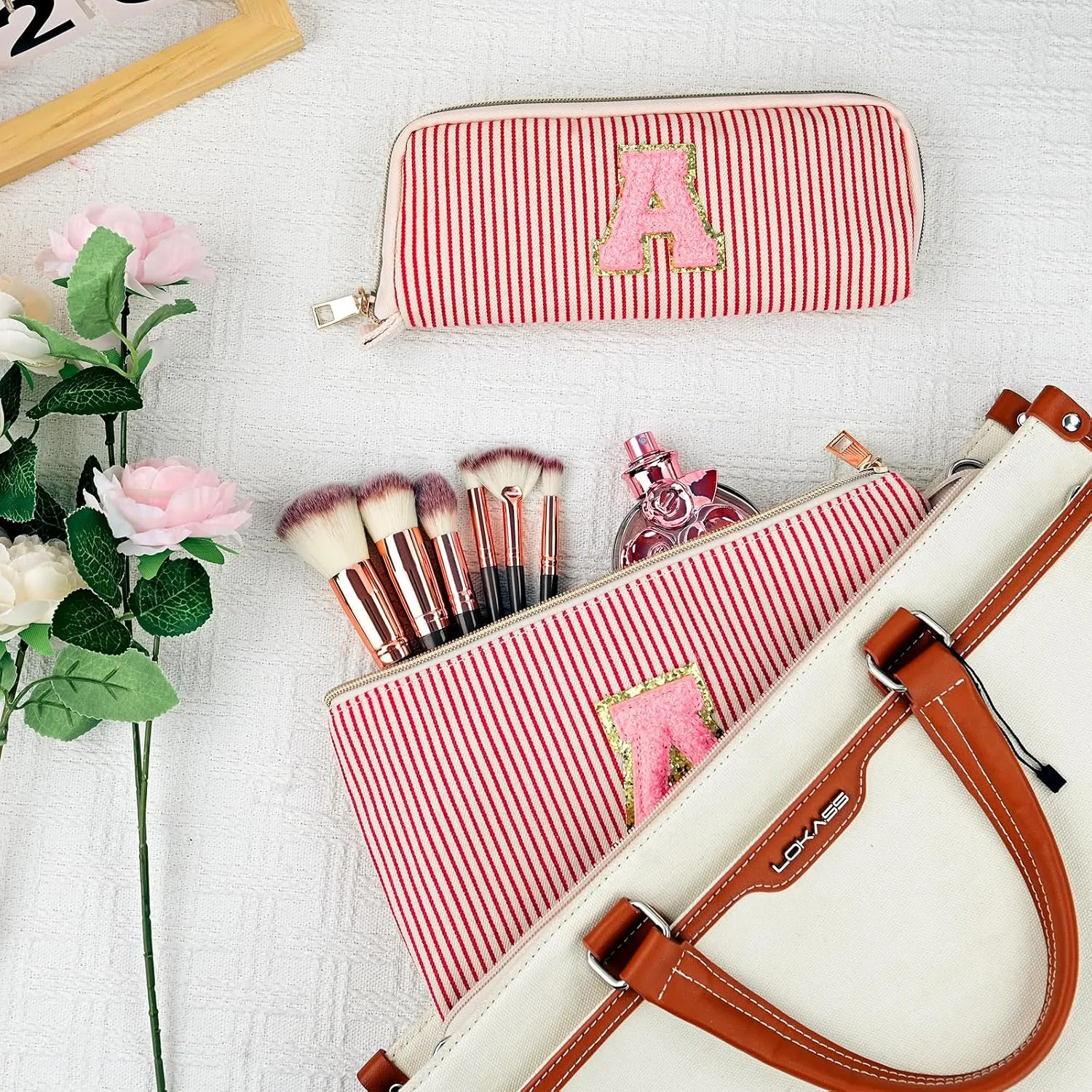 Personalized Initial Cute Pink Cosmetic Bag for Women, Graduation Gifts Makeup Pouch Organizer Bag for Girls 10-14, Travel Toiletry Bag for Her Mom Girlfriend Wife Teacher Birthday Gifts, Red A