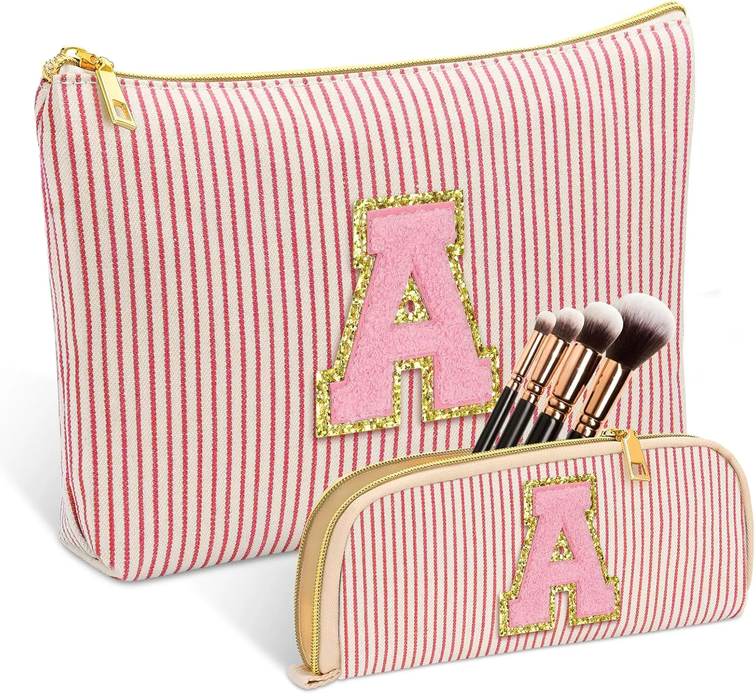 Personalized Initial Cute Pink Cosmetic Bag for Women, Graduation Gifts Makeup Pouch Organizer Bag for Girls 10-14, Travel Toiletry Bag for Her Mom Girlfriend Wife Teacher Birthday Gifts, Red A