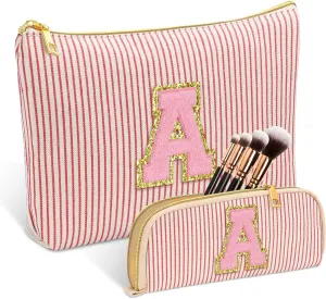 Personalized Initial Cute Pink Cosmetic Bag for Women, Graduation Gifts Makeup Pouch Organizer Bag for Girls 10-14, Travel Toiletry Bag for Her Mom Girlfriend Wife Teacher Birthday Gifts, Red A