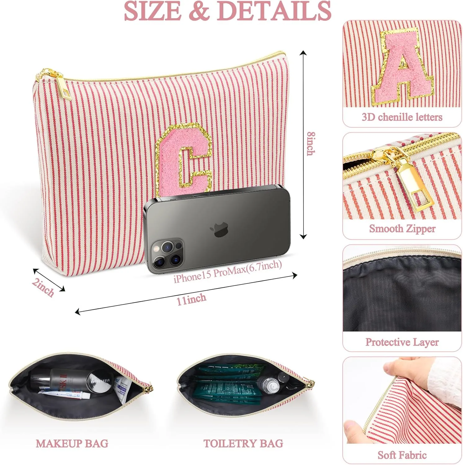 Personalized Initial Cute Pink Cosmetic Bag for Women, Graduation Gifts Makeup Pouch Organizer Bag for Girls 10-14, Travel Toiletry Bag for Her Mom Girlfriend Wife Teacher Birthday Gifts, Red A