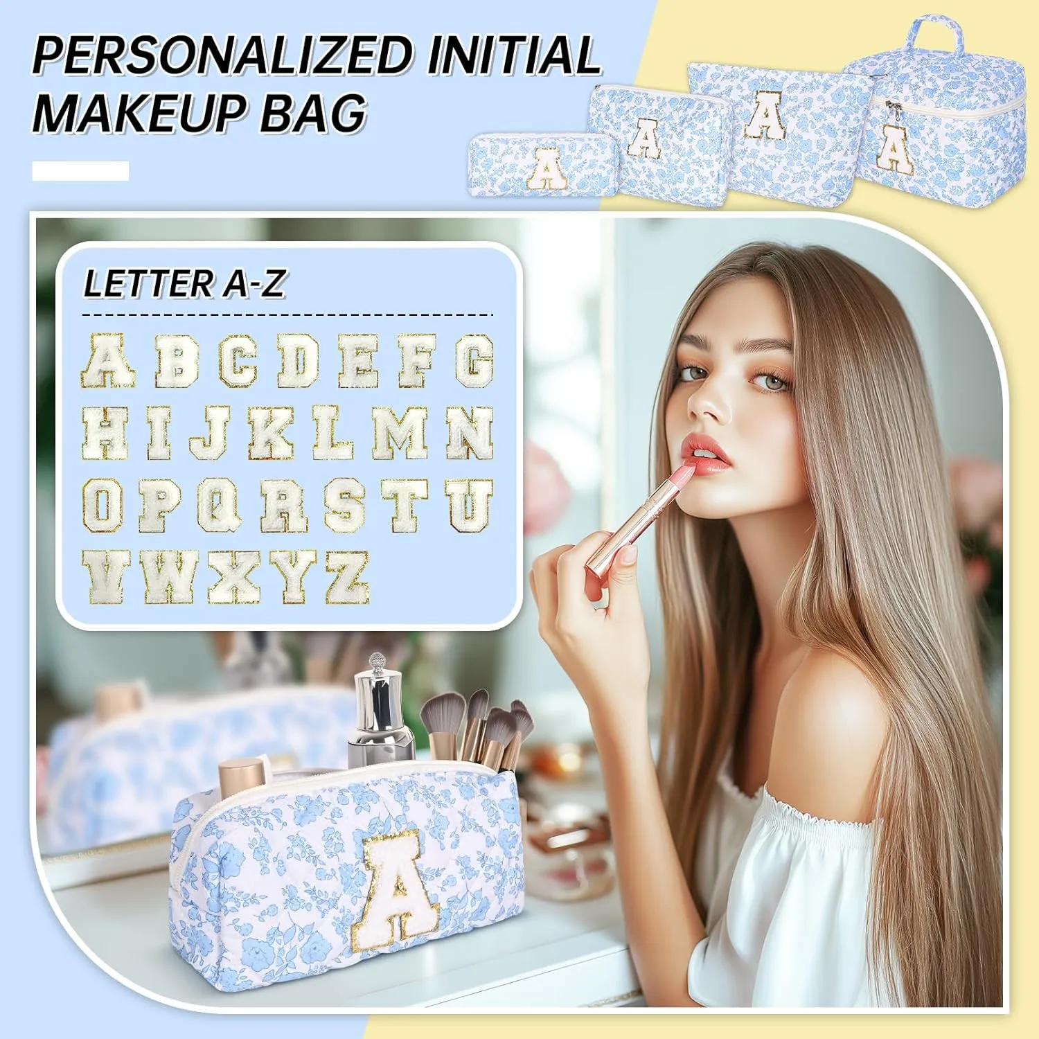 Personalized Initial Makeup Bag, Quilted Cosmetic Bag, Large Floral Make Up Bag for Women, Cotton Makeup Bag Set, Flower Travel Toiletry Bag | Birthday Gifts for Women Daughter Gifts F