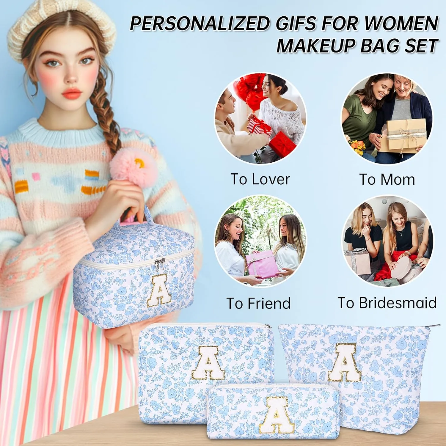 Personalized Initial Makeup Bag, Quilted Cosmetic Bag, Large Floral Make Up Bag for Women, Cotton Makeup Bag Set, Flower Travel Toiletry Bag | Birthday Gifts for Women Daughter Gifts F