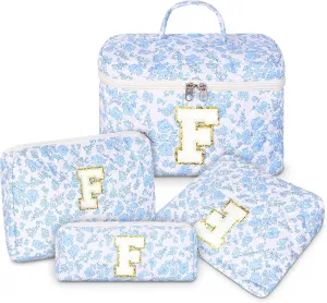 Personalized Initial Makeup Bag, Quilted Cosmetic Bag, Large Floral Make Up Bag for Women, Cotton Makeup Bag Set, Flower Travel Toiletry Bag | Birthday Gifts for Women Daughter Gifts F