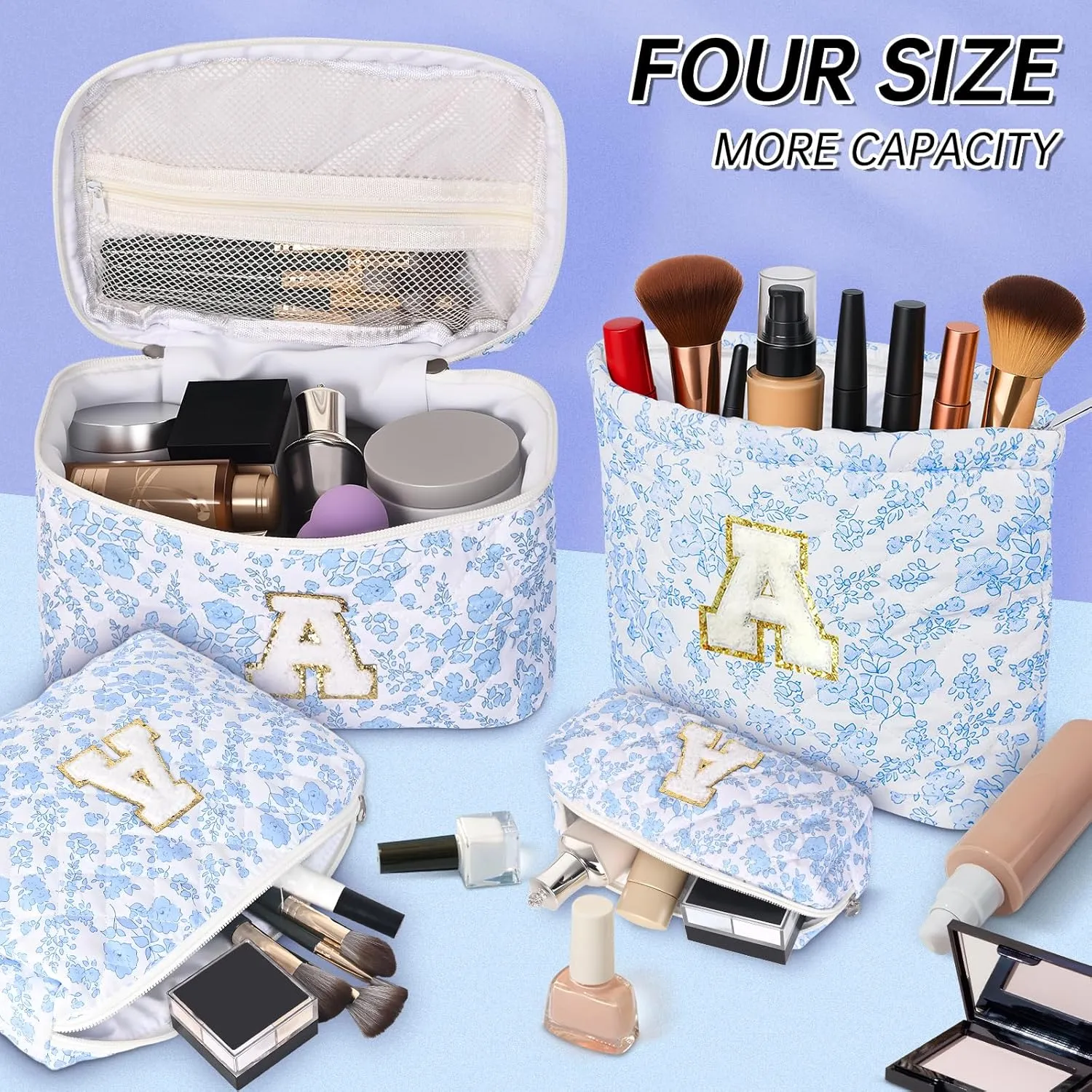 Personalized Initial Makeup Bag, Quilted Cosmetic Bag, Large Floral Make Up Bag for Women, Cotton Makeup Bag Set, Flower Travel Toiletry Bag | Birthday Gifts for Women Daughter Gifts F