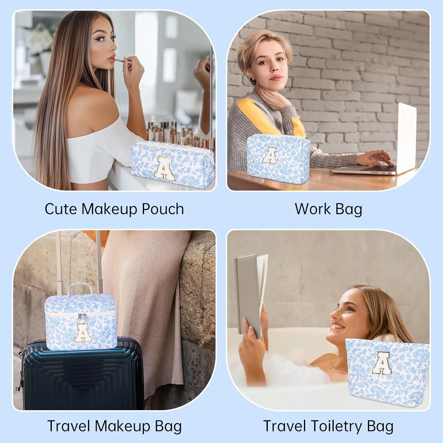 Personalized Initial Makeup Bag, Quilted Cosmetic Bag, Large Floral Make Up Bag for Women, Cotton Makeup Bag Set, Flower Travel Toiletry Bag | Birthday Gifts for Women Daughter Gifts F