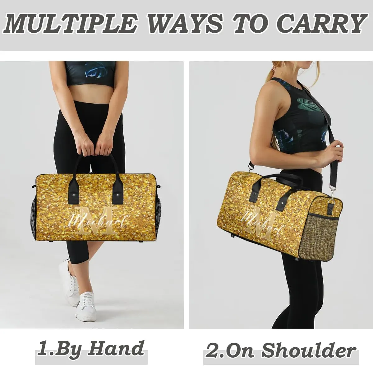 Personalized Initial Travel Duffel Bag with Name, Custom Gym Bag Sport Bag Weekender Overnight Bag for Women Men, Golden Glitter