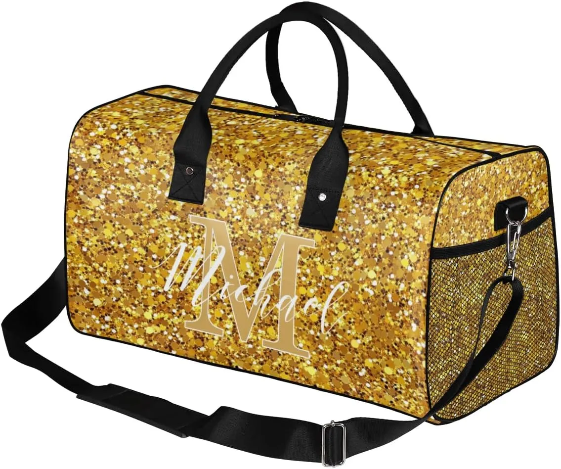 Personalized Initial Travel Duffel Bag with Name, Custom Gym Bag Sport Bag Weekender Overnight Bag for Women Men, Golden Glitter
