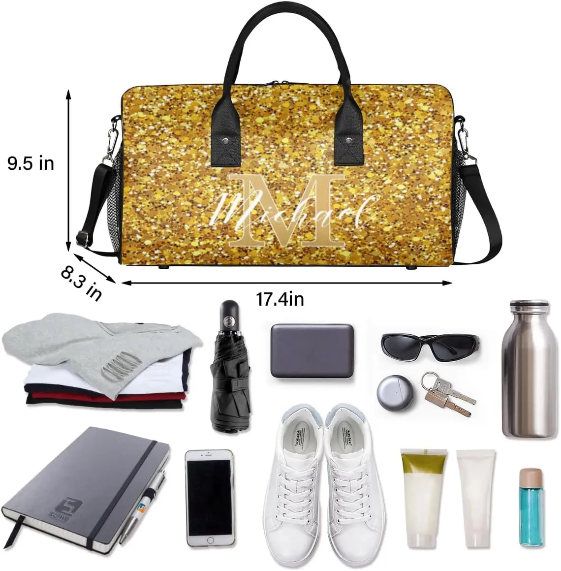 Personalized Initial Travel Duffel Bag with Name, Custom Gym Bag Sport Bag Weekender Overnight Bag for Women Men, Golden Glitter