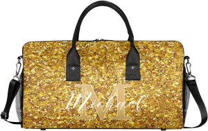 Personalized Initial Travel Duffel Bag with Name, Custom Gym Bag Sport Bag Weekender Overnight Bag for Women Men, Golden Glitter