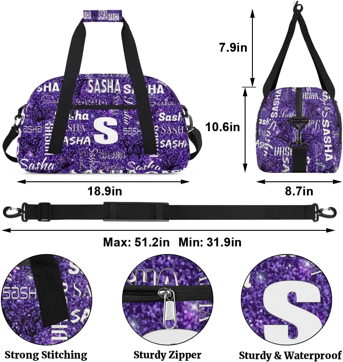 Personalized Initials Duffel Bags for Women, Custom Sport Duffel Bag with Name, Butterfly Print Overnight Carry-On Bag Weekender Bags, Deep Purple Custom Gifts