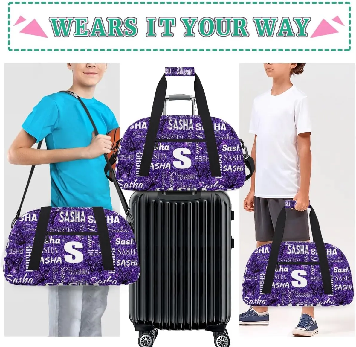 Personalized Initials Duffel Bags for Women, Custom Sport Duffel Bag with Name, Butterfly Print Overnight Carry-On Bag Weekender Bags, Deep Purple Custom Gifts