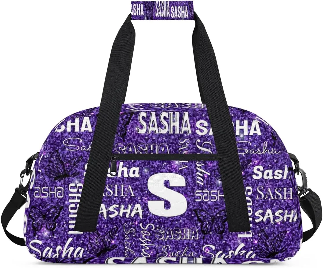 Personalized Initials Duffel Bags for Women, Custom Sport Duffel Bag with Name, Butterfly Print Overnight Carry-On Bag Weekender Bags, Deep Purple Custom Gifts