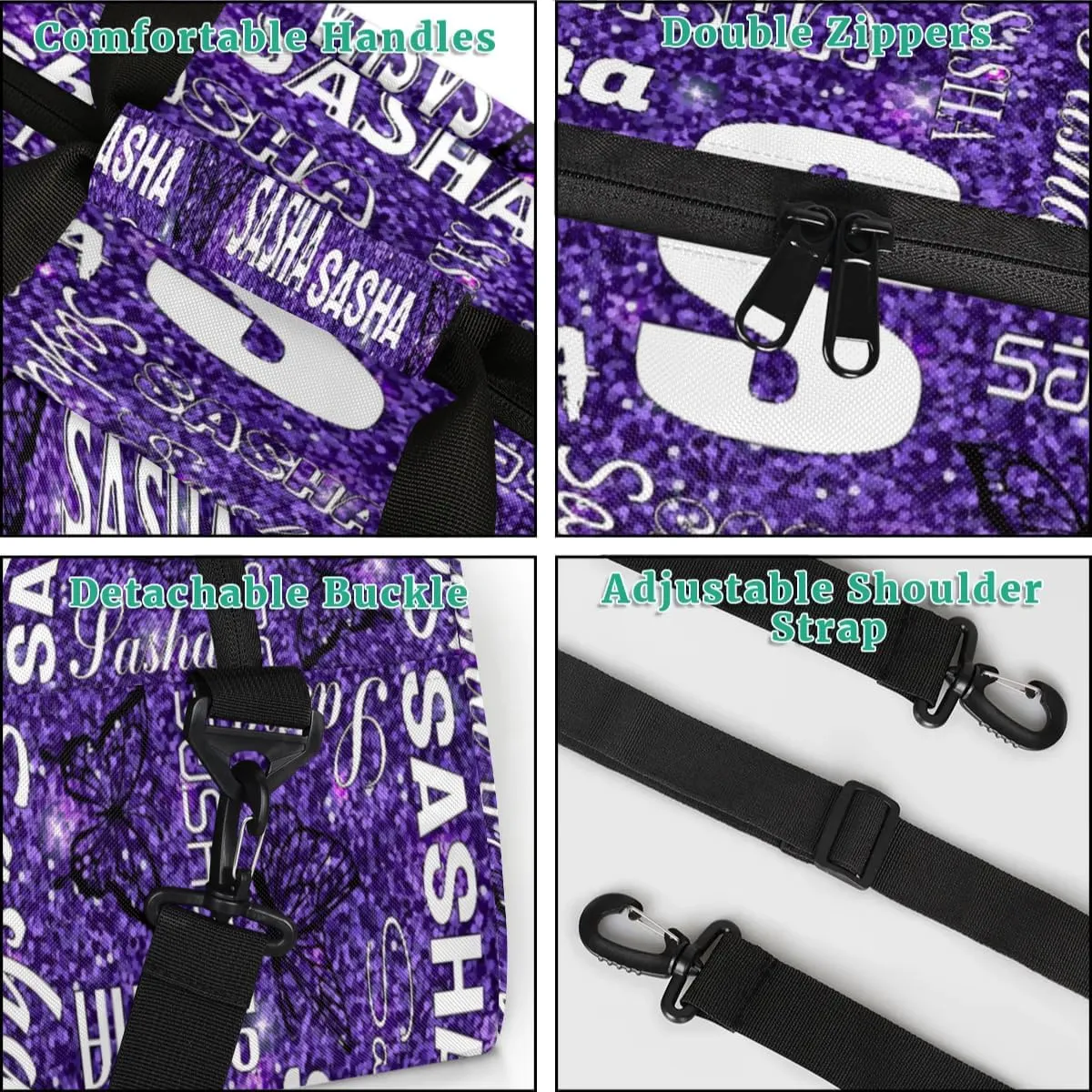 Personalized Initials Duffel Bags for Women, Custom Sport Duffel Bag with Name, Butterfly Print Overnight Carry-On Bag Weekender Bags, Deep Purple Custom Gifts