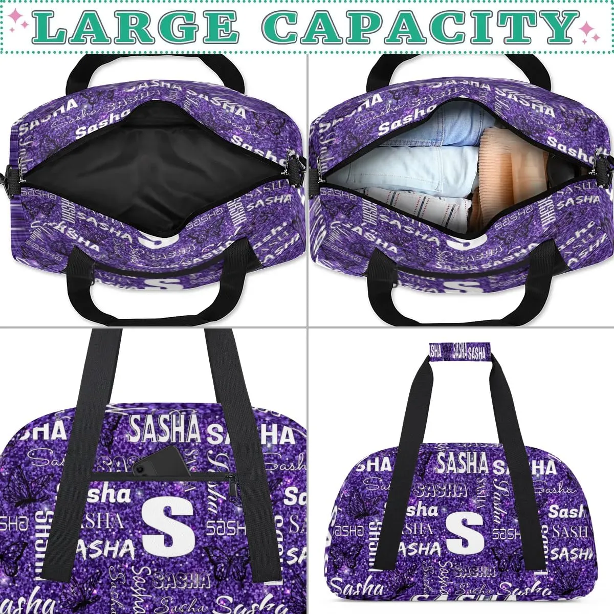Personalized Initials Duffel Bags for Women, Custom Sport Duffel Bag with Name, Butterfly Print Overnight Carry-On Bag Weekender Bags, Deep Purple Custom Gifts
