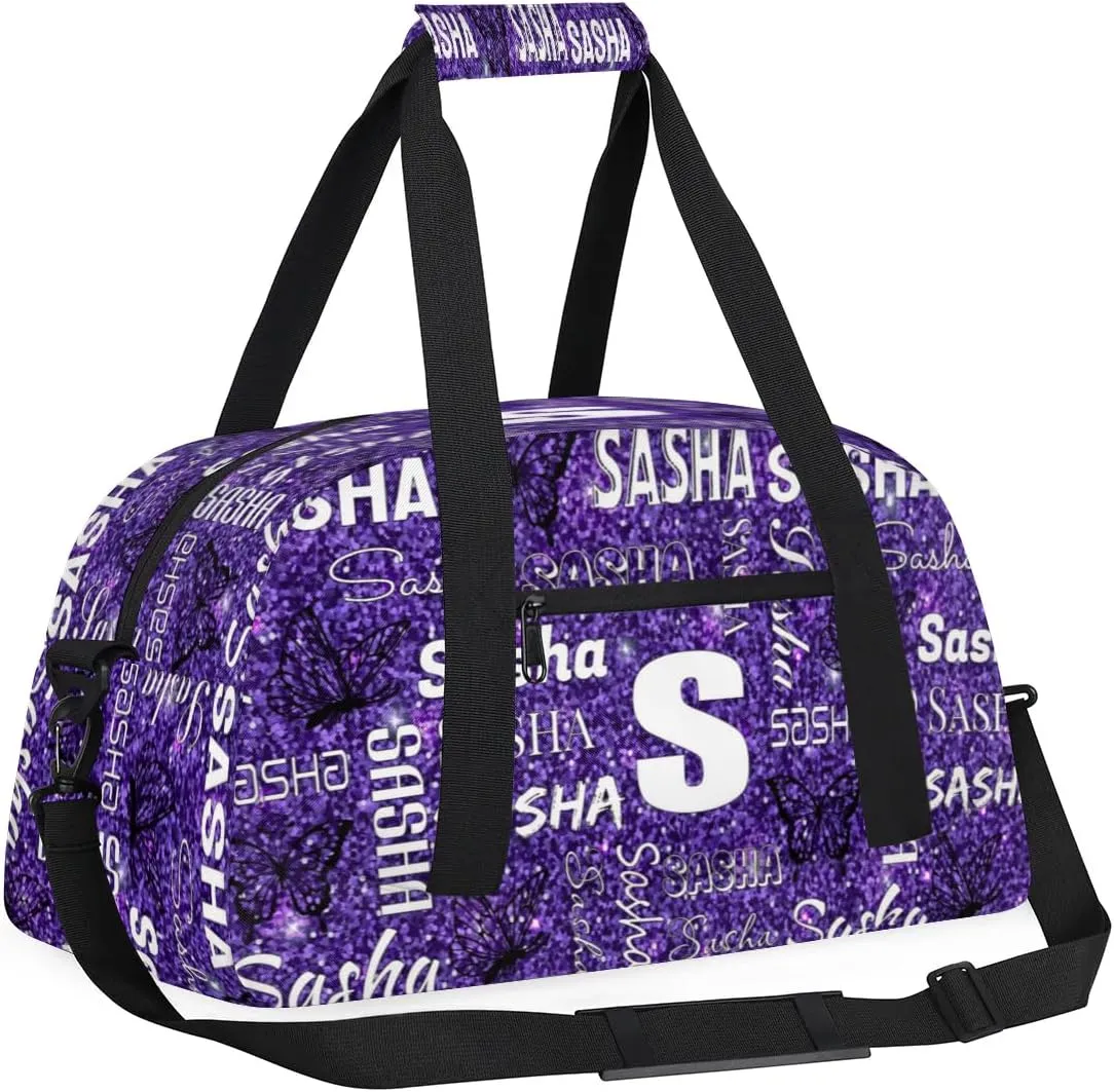 Personalized Initials Duffel Bags for Women, Custom Sport Duffel Bag with Name, Butterfly Print Overnight Carry-On Bag Weekender Bags, Deep Purple Custom Gifts