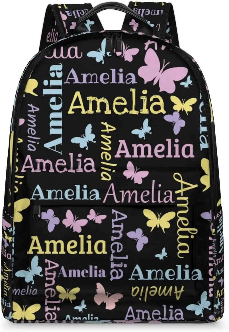 Personalized Kids Backpack School Bags for Girls, Custom Students Backpack Shoulder Bag Laptop Backpack Bookbag Gift for College School Travel Sport Butterfly Black