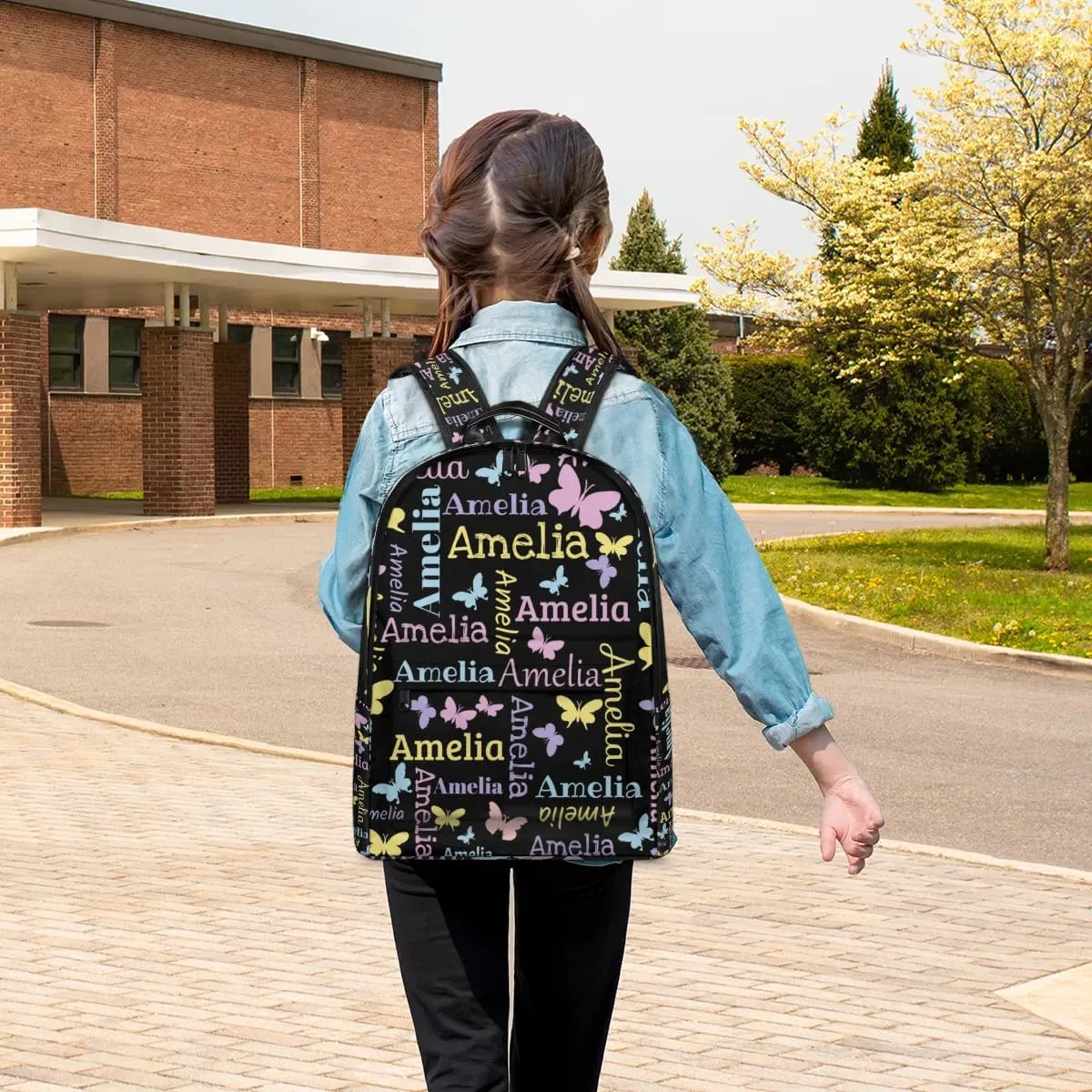 Personalized Kids Backpack School Bags for Girls, Custom Students Backpack Shoulder Bag Laptop Backpack Bookbag Gift for College School Travel Sport Butterfly Black