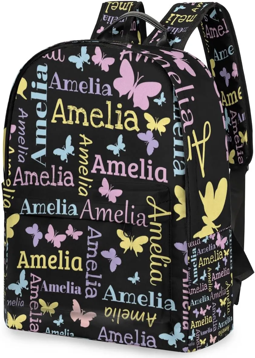 Personalized Kids Backpack School Bags for Girls, Custom Students Backpack Shoulder Bag Laptop Backpack Bookbag Gift for College School Travel Sport Butterfly Black