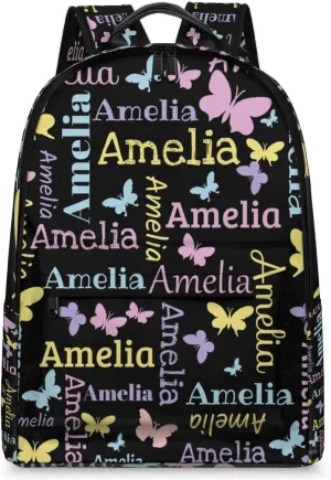 Personalized Kids Backpack School Bags for Girls, Custom Students Backpack Shoulder Bag Laptop Backpack Bookbag Gift for College School Travel Sport Butterfly Black