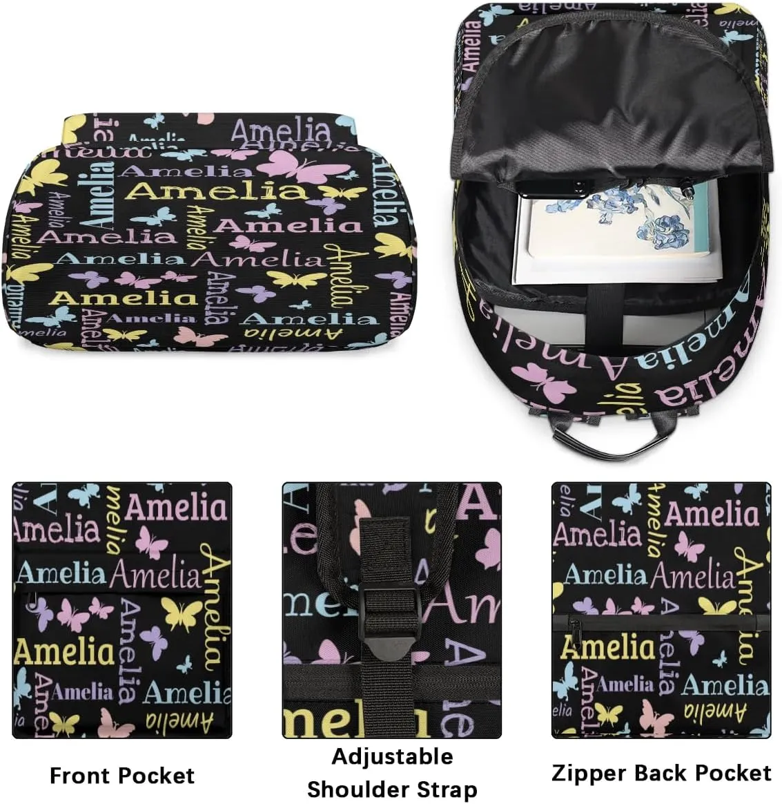 Personalized Kids Backpack School Bags for Girls, Custom Students Backpack Shoulder Bag Laptop Backpack Bookbag Gift for College School Travel Sport Butterfly Black