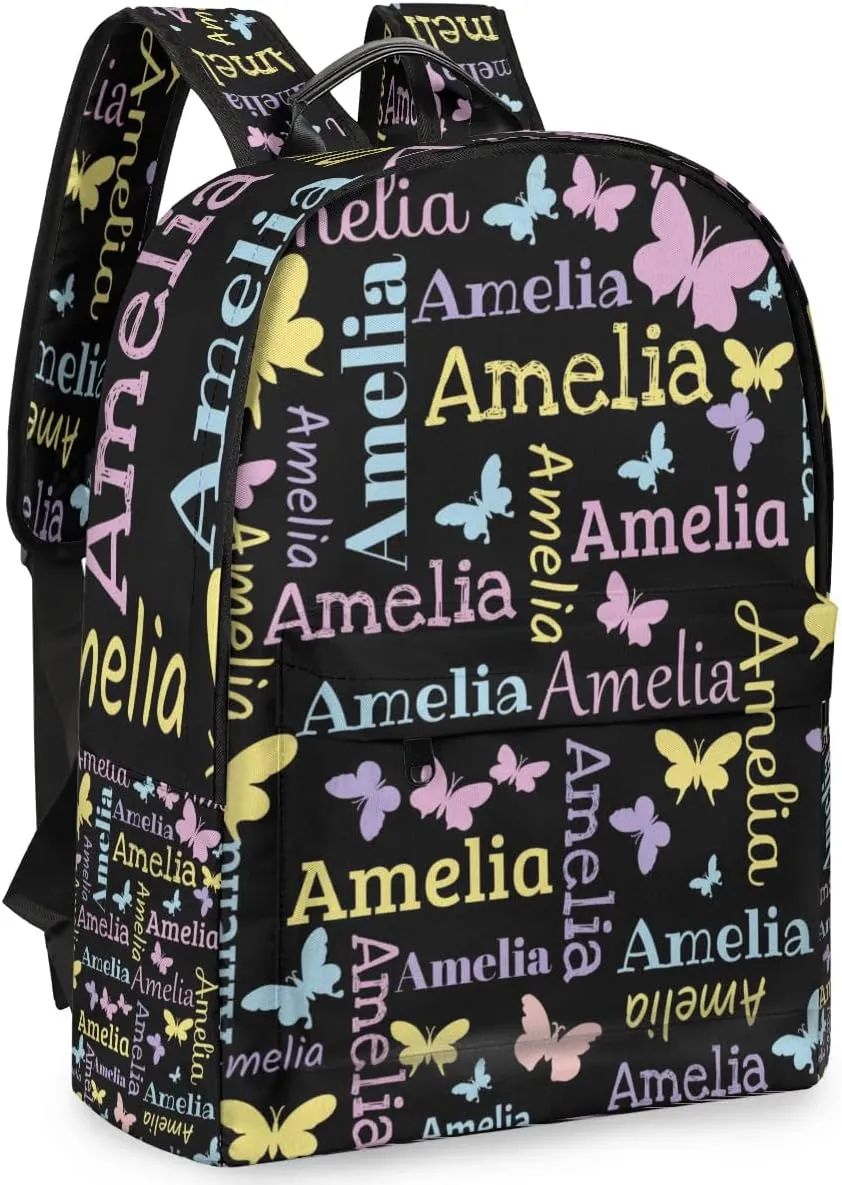 Personalized Kids Backpack School Bags for Girls, Custom Students Backpack Shoulder Bag Laptop Backpack Bookbag Gift for College School Travel Sport Butterfly Black