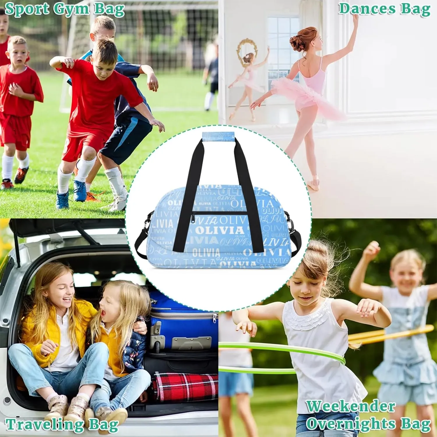 Personalized Kids Duffel Bag with Your Name Lightweight Waterproof Custom Sports Gym Bag with Front Zipper Pocket Foldable Weekender Overnight Bag for School Practice Gymnastic Ballet Gradient Blue