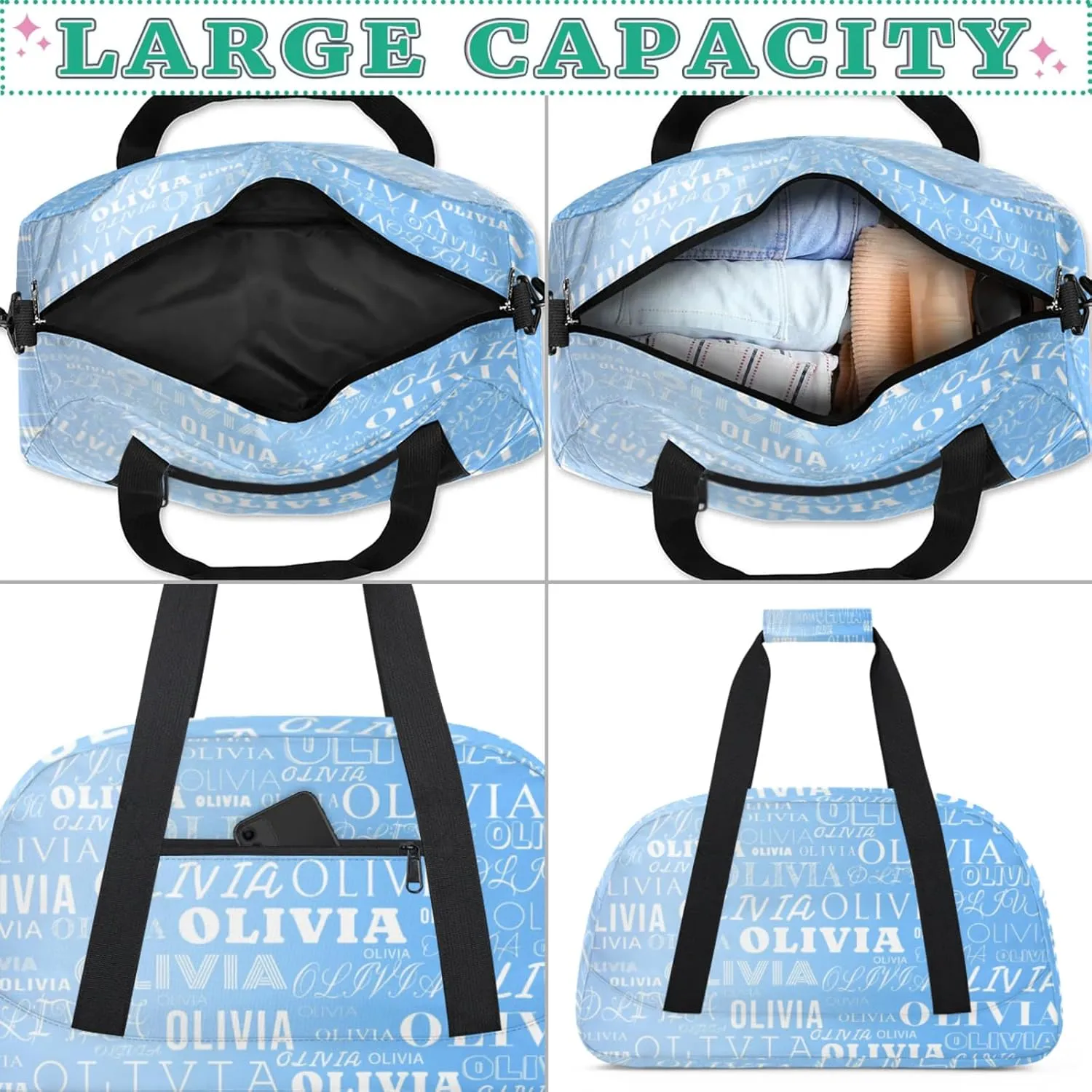 Personalized Kids Duffel Bag with Your Name Lightweight Waterproof Custom Sports Gym Bag with Front Zipper Pocket Foldable Weekender Overnight Bag for School Practice Gymnastic Ballet Gradient Blue