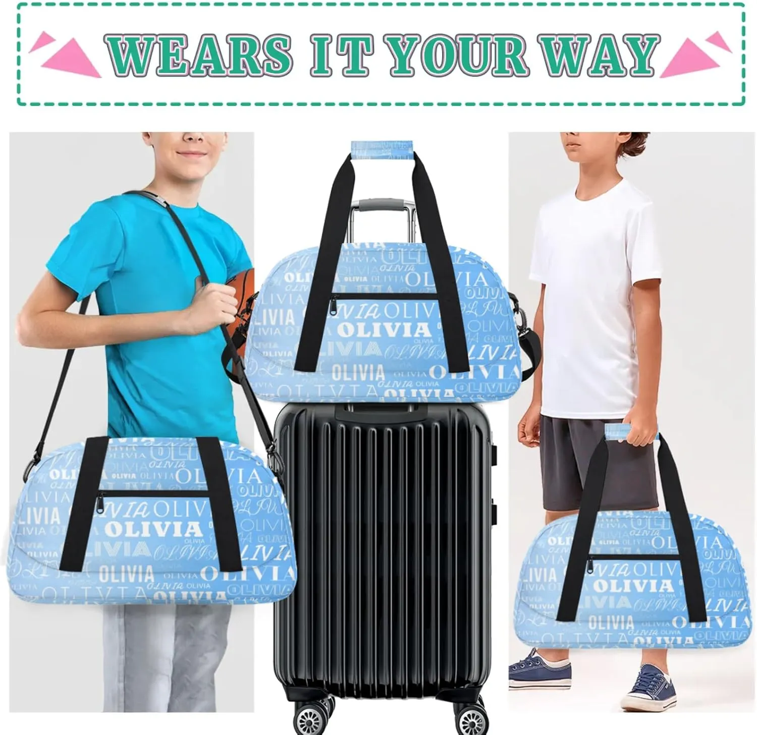 Personalized Kids Duffel Bag with Your Name Lightweight Waterproof Custom Sports Gym Bag with Front Zipper Pocket Foldable Weekender Overnight Bag for School Practice Gymnastic Ballet Gradient Blue