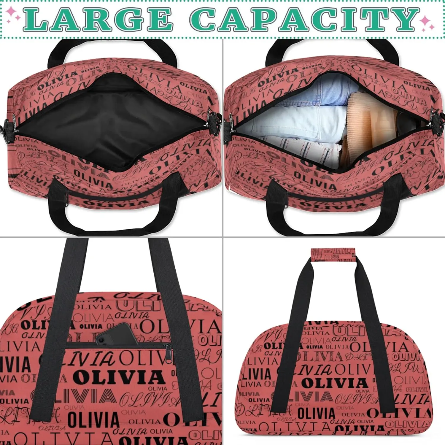 Personalized Kids Duffel Bag with Your Name Lightweight Waterproof Custom Sports Gym Bag with Front Zipper Pocket Foldable Weekender Overnight Bag for School Practice Gymnastic Ballet Indian Red