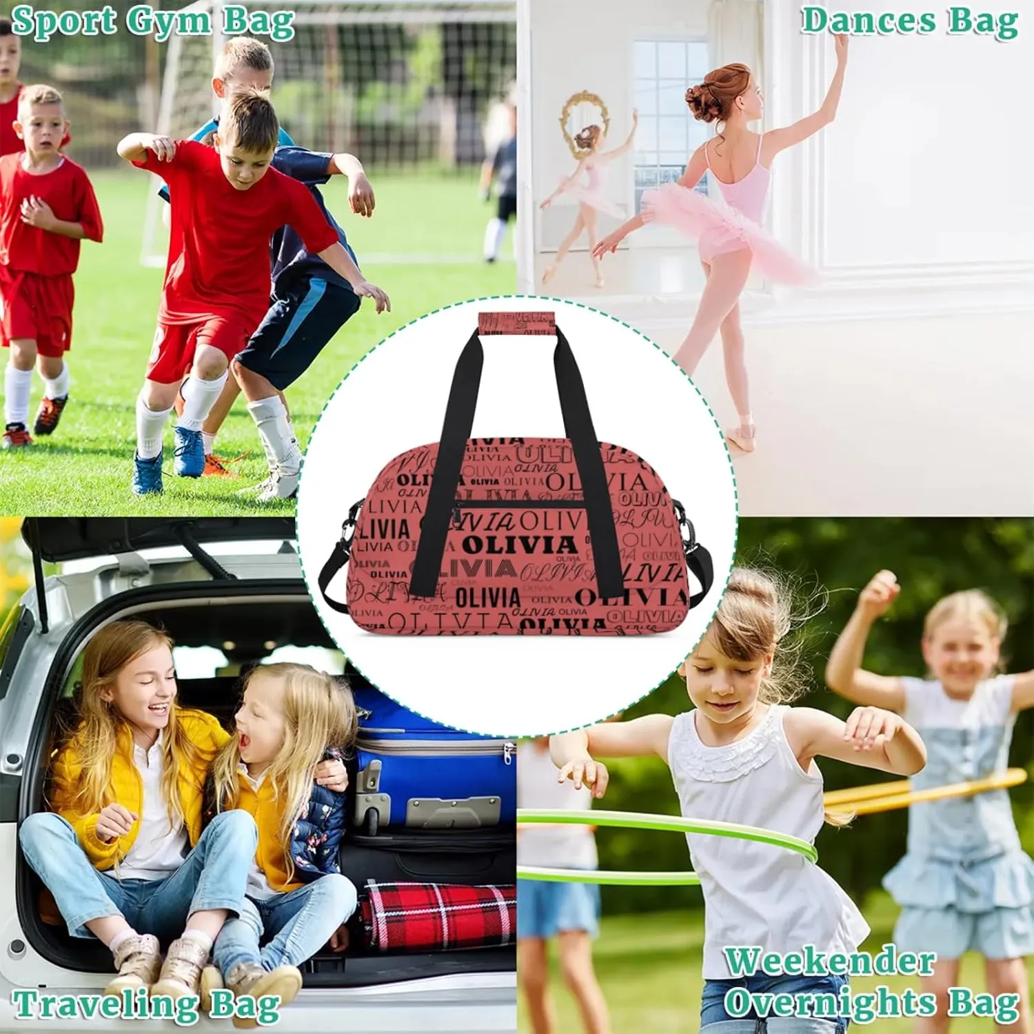 Personalized Kids Duffel Bag with Your Name Lightweight Waterproof Custom Sports Gym Bag with Front Zipper Pocket Foldable Weekender Overnight Bag for School Practice Gymnastic Ballet Indian Red