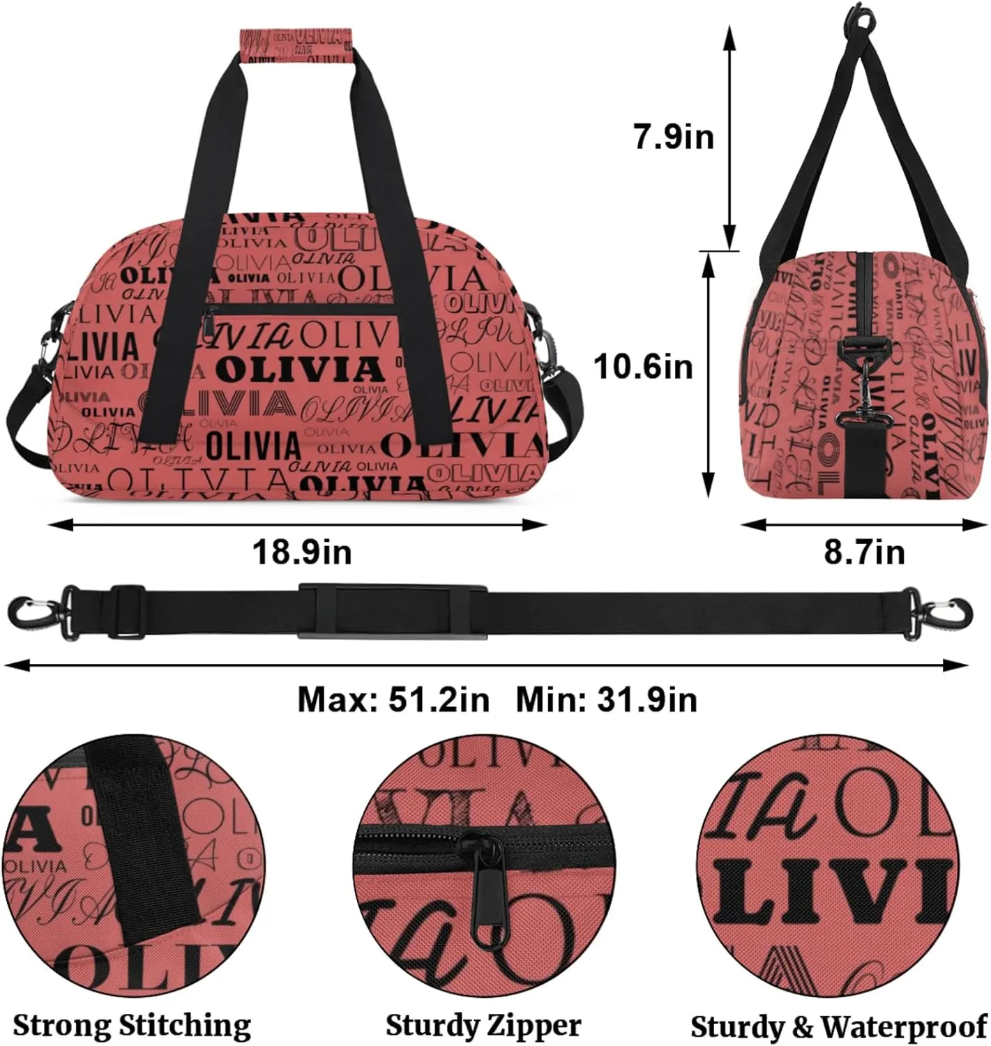 Personalized Kids Duffel Bag with Your Name Lightweight Waterproof Custom Sports Gym Bag with Front Zipper Pocket Foldable Weekender Overnight Bag for School Practice Gymnastic Ballet Indian Red