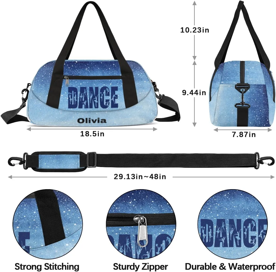 Personalized Kids Duffel Bags for Girls, Personalized Custom Sports Gym Bag, Customized Kids Travel Duffel Bag Girls Dance Bag Weekender Overnight Bag for Kids, Blue Gradient Glitter 36