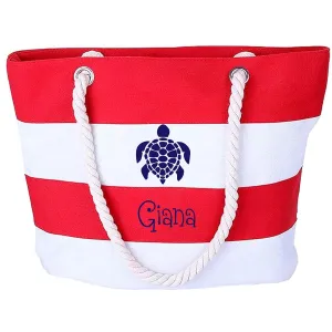 Personalized Monogrammed Striped Beach Bag, Cruise Tote, Personalized Beach Bag Pool Tote Bag With Turtle Red and White, Blue or Pink