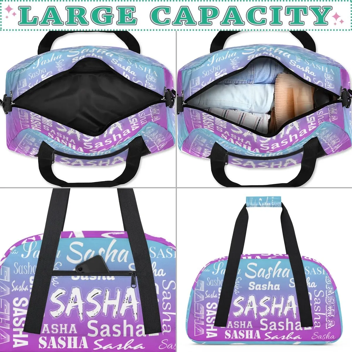 Personalized Name Dance Bag Cheer Gymnastics Bags, Custom Duffel Bag Cheer Bags, Custom Sport Duffel Gym Bags Blue Purple Gradient Travel Overnight Weekender Bags