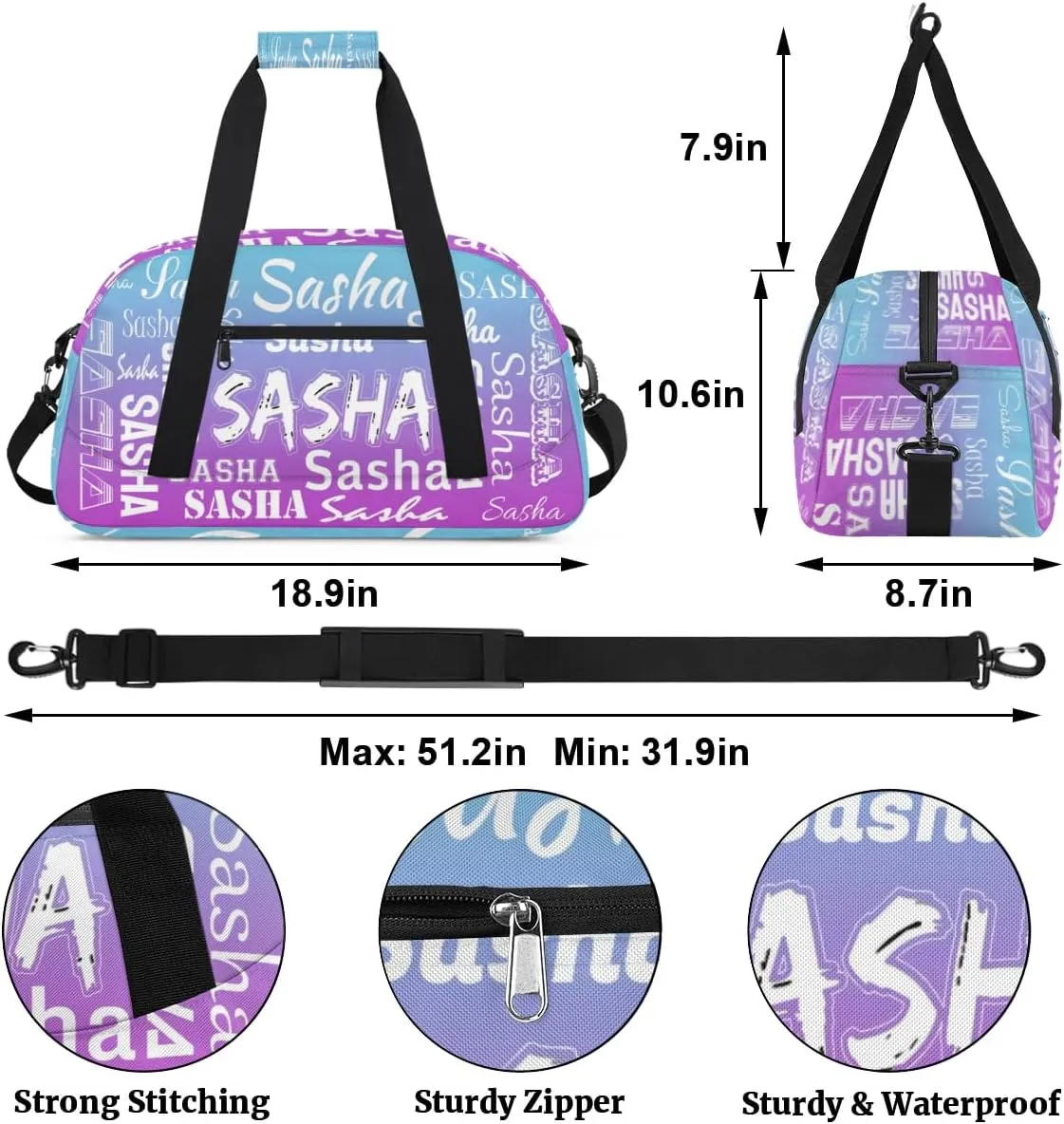 Personalized Name Dance Bag Cheer Gymnastics Bags, Custom Duffel Bag Cheer Bags, Custom Sport Duffel Gym Bags Blue Purple Gradient Travel Overnight Weekender Bags