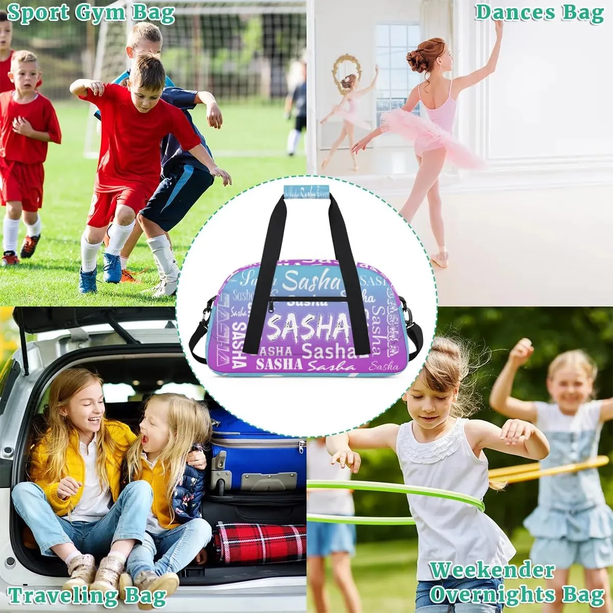 Personalized Name Dance Bag Cheer Gymnastics Bags, Custom Duffel Bag Cheer Bags, Custom Sport Duffel Gym Bags Blue Purple Gradient Travel Overnight Weekender Bags