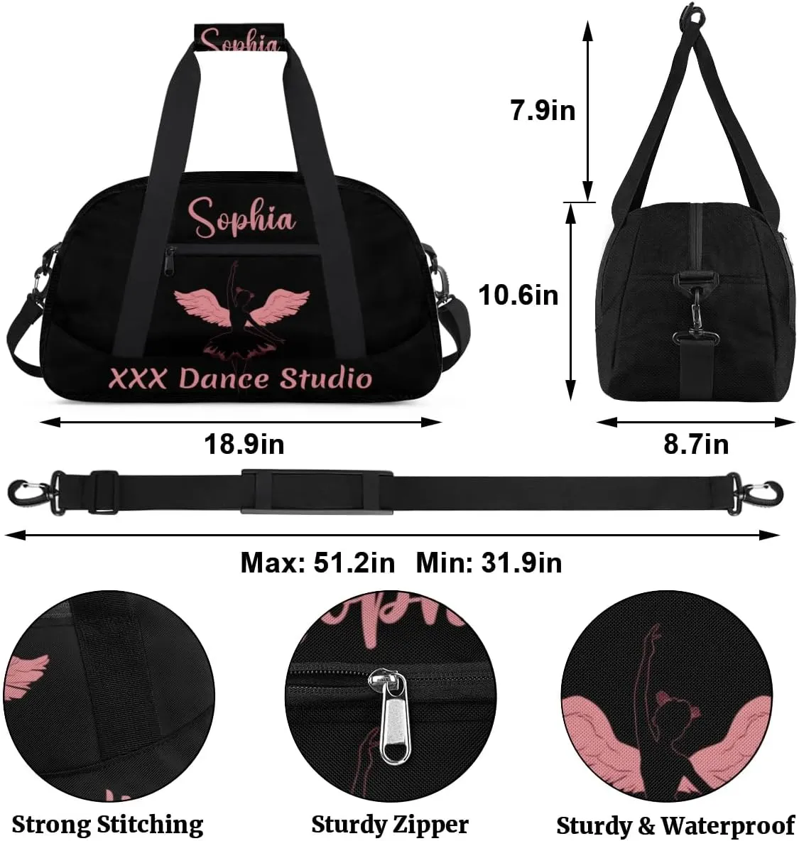 Personalized Name Dance-Duffel-Bags for Girls Kids, Custom Team-Name Sport Gym Bags Carry-On Garment Shoes Bags for Overnight Weekender Travel,Black Pink 3