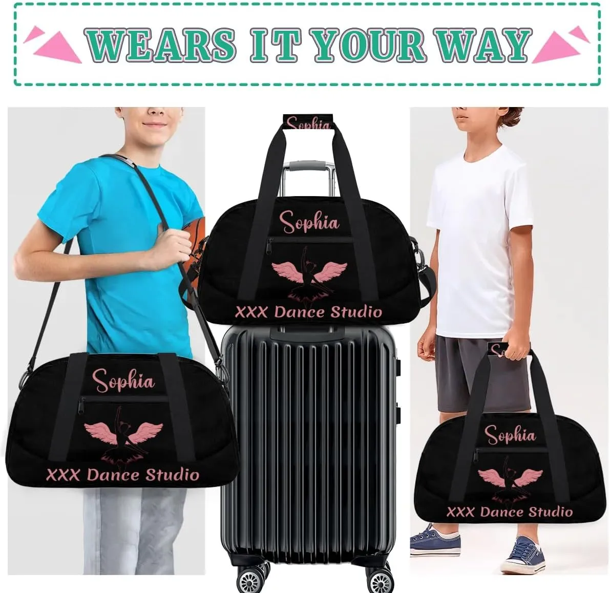 Personalized Name Dance-Duffel-Bags for Girls Kids, Custom Team-Name Sport Gym Bags Carry-On Garment Shoes Bags for Overnight Weekender Travel,Black Pink 3