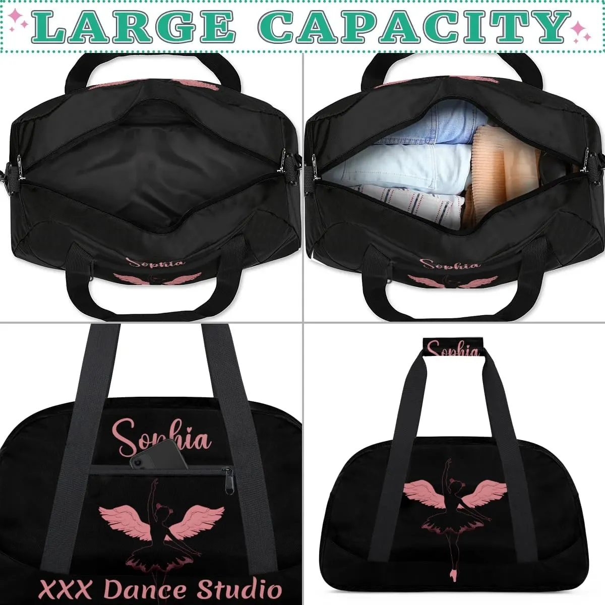 Personalized Name Dance-Duffel-Bags for Girls Kids, Custom Team-Name Sport Gym Bags Carry-On Garment Shoes Bags for Overnight Weekender Travel,Black Pink 3