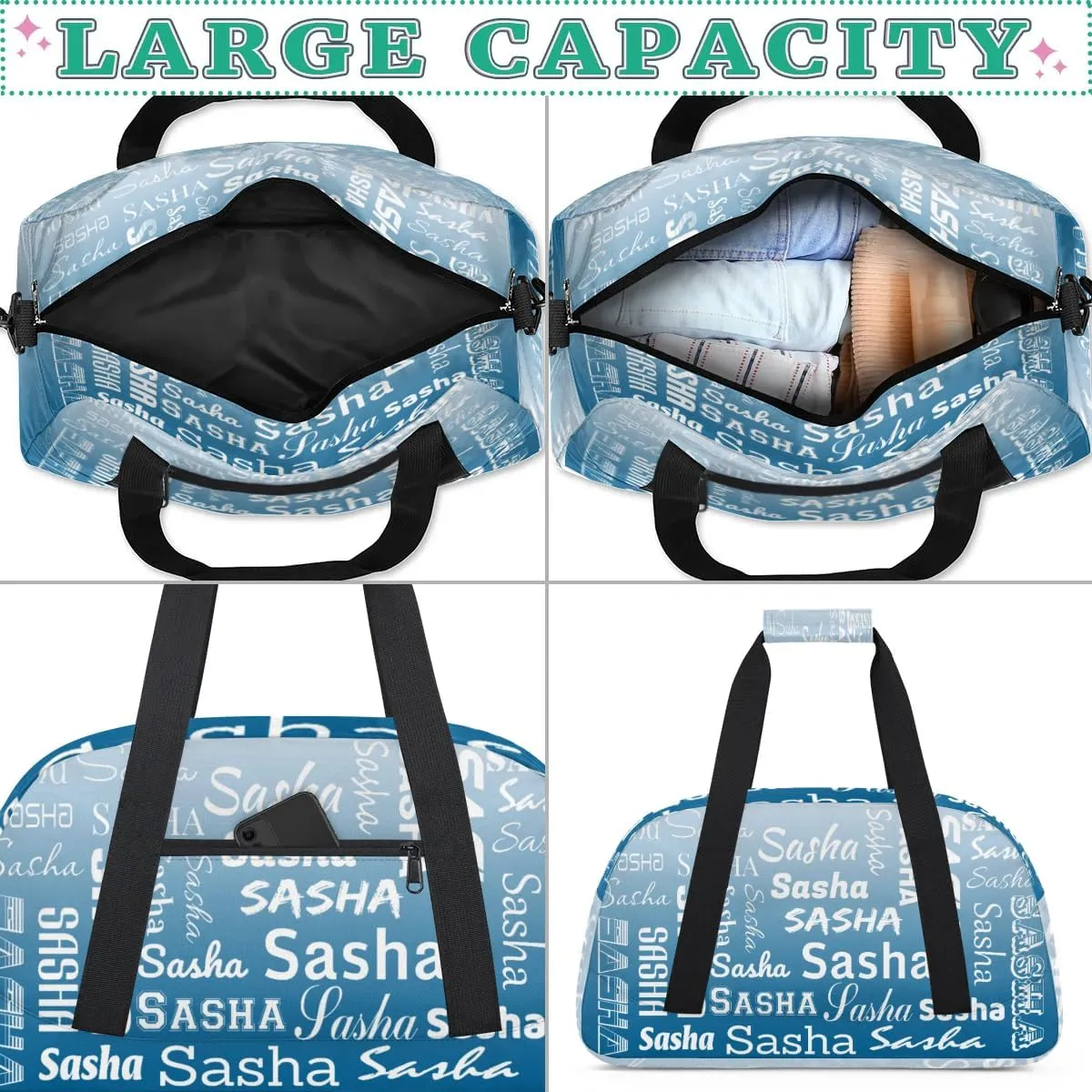 Personalized Name Dance Gymnastics Bags, Custom Duffel Bag Cheer Bags, Custom Sport Duffel Gym Bags Blue Gradient Travel Weekender Bags