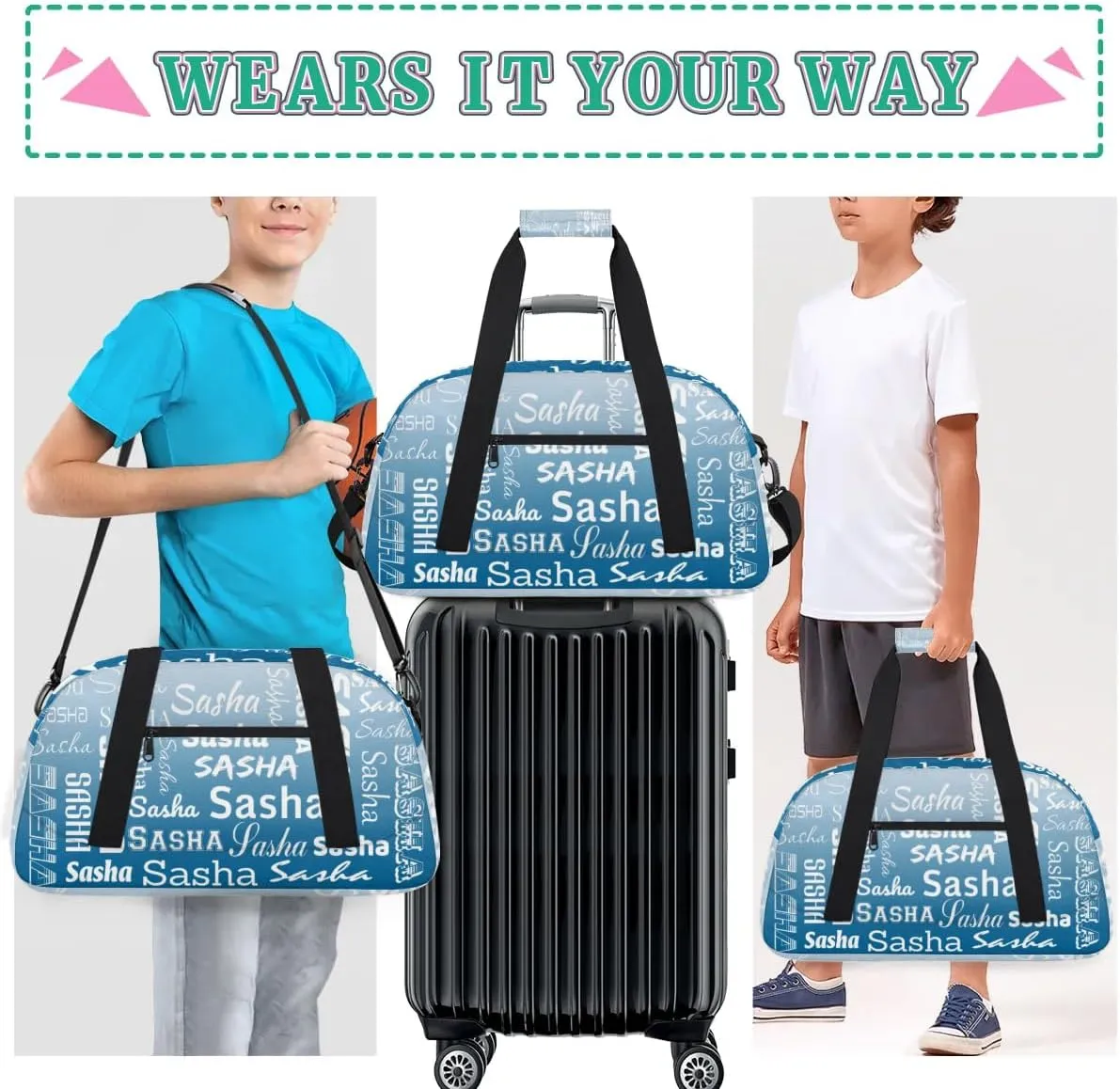Personalized Name Dance Gymnastics Bags, Custom Duffel Bag Cheer Bags, Custom Sport Duffel Gym Bags Blue Gradient Travel Weekender Bags