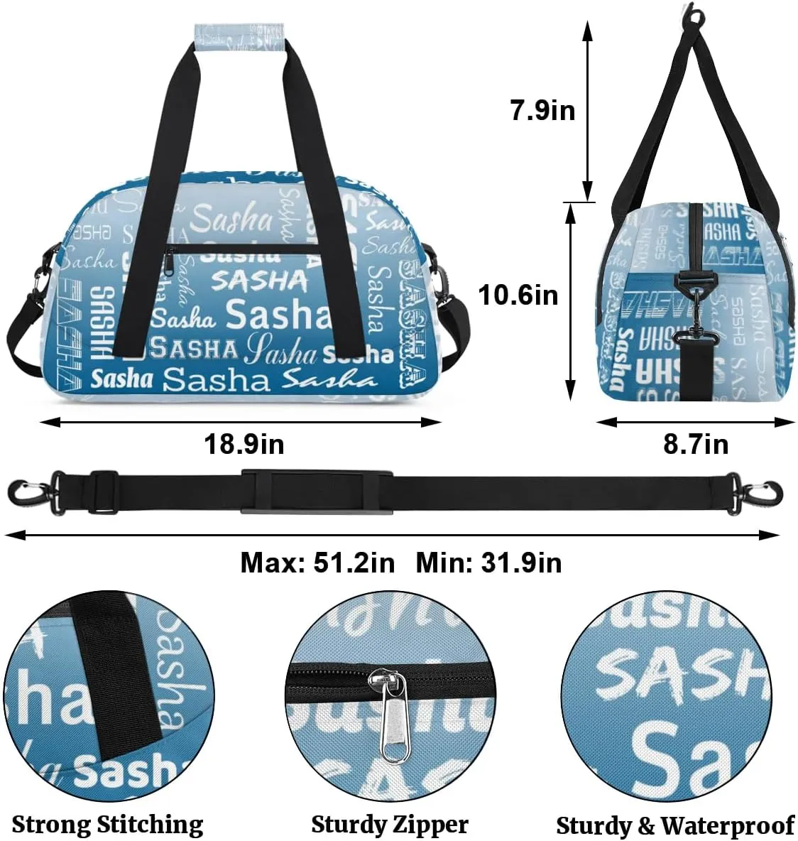 Personalized Name Dance Gymnastics Bags, Custom Duffel Bag Cheer Bags, Custom Sport Duffel Gym Bags Blue Gradient Travel Weekender Bags