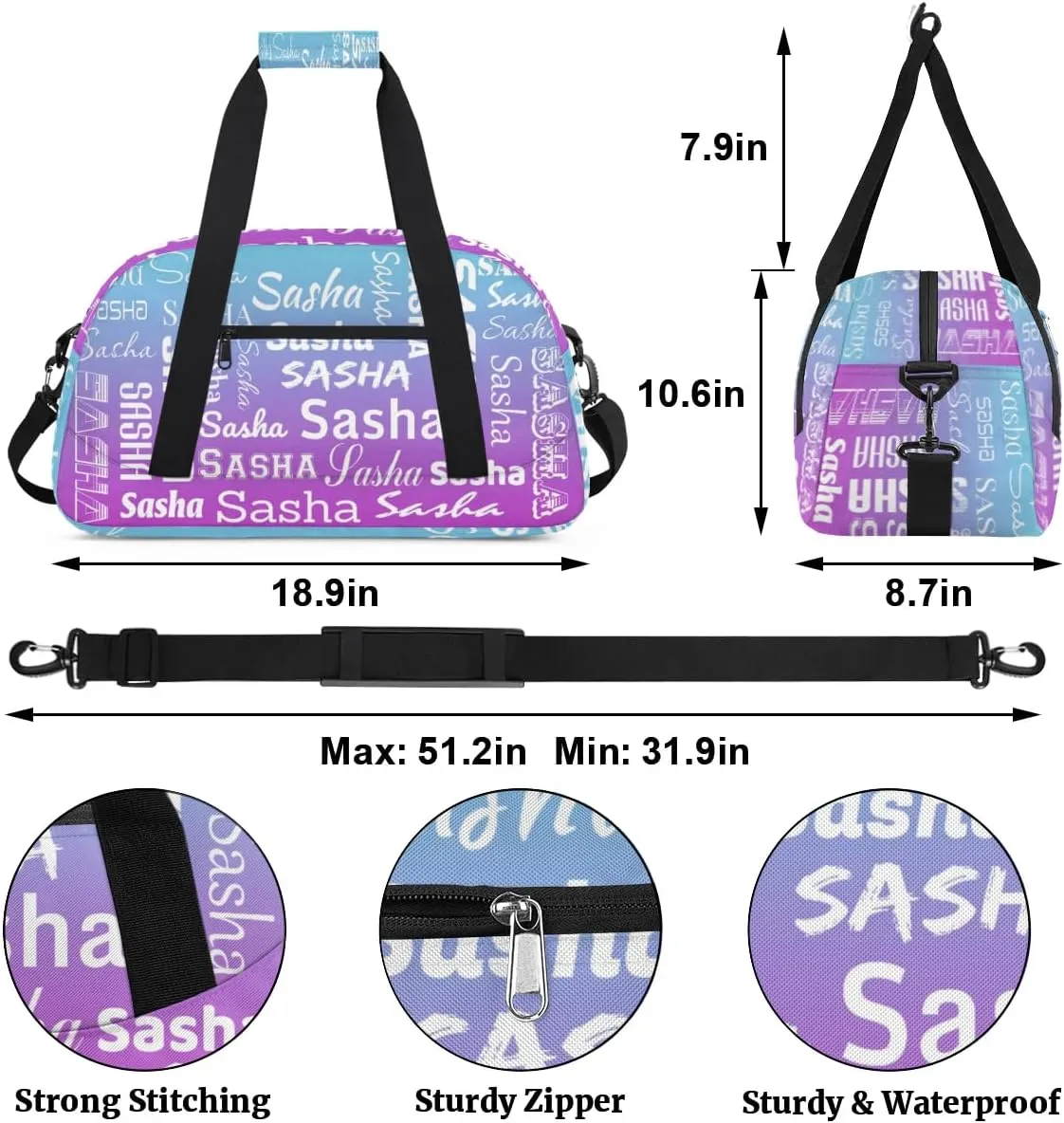 Personalized Name Dance Gymnastics Bags, Custom Duffel Bag Cheer Bags, Custom Sport Duffel Gym Bags Blue Purple Gradient Travel Weekender Bags