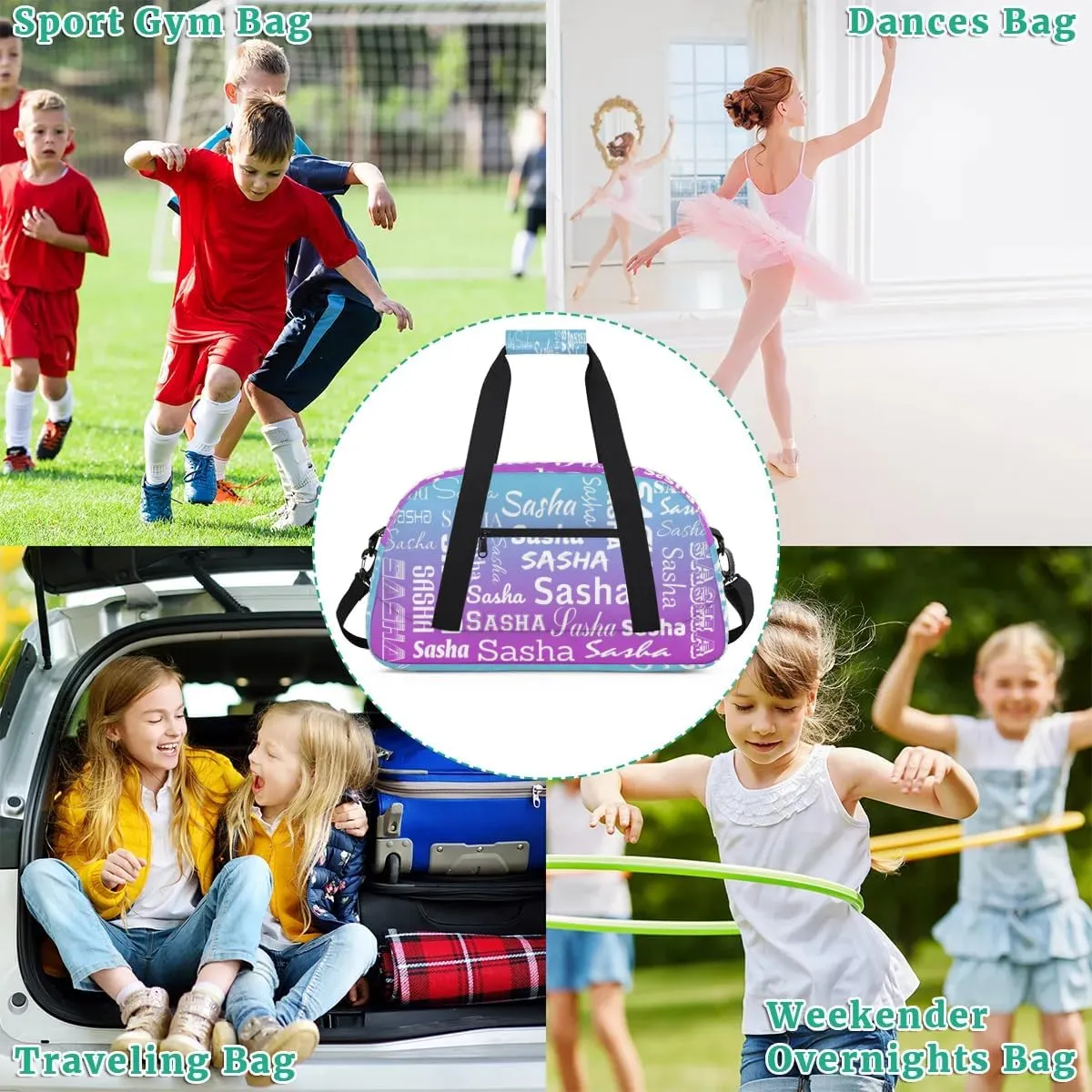 Personalized Name Dance Gymnastics Bags, Custom Duffel Bag Cheer Bags, Custom Sport Duffel Gym Bags Blue Purple Gradient Travel Weekender Bags